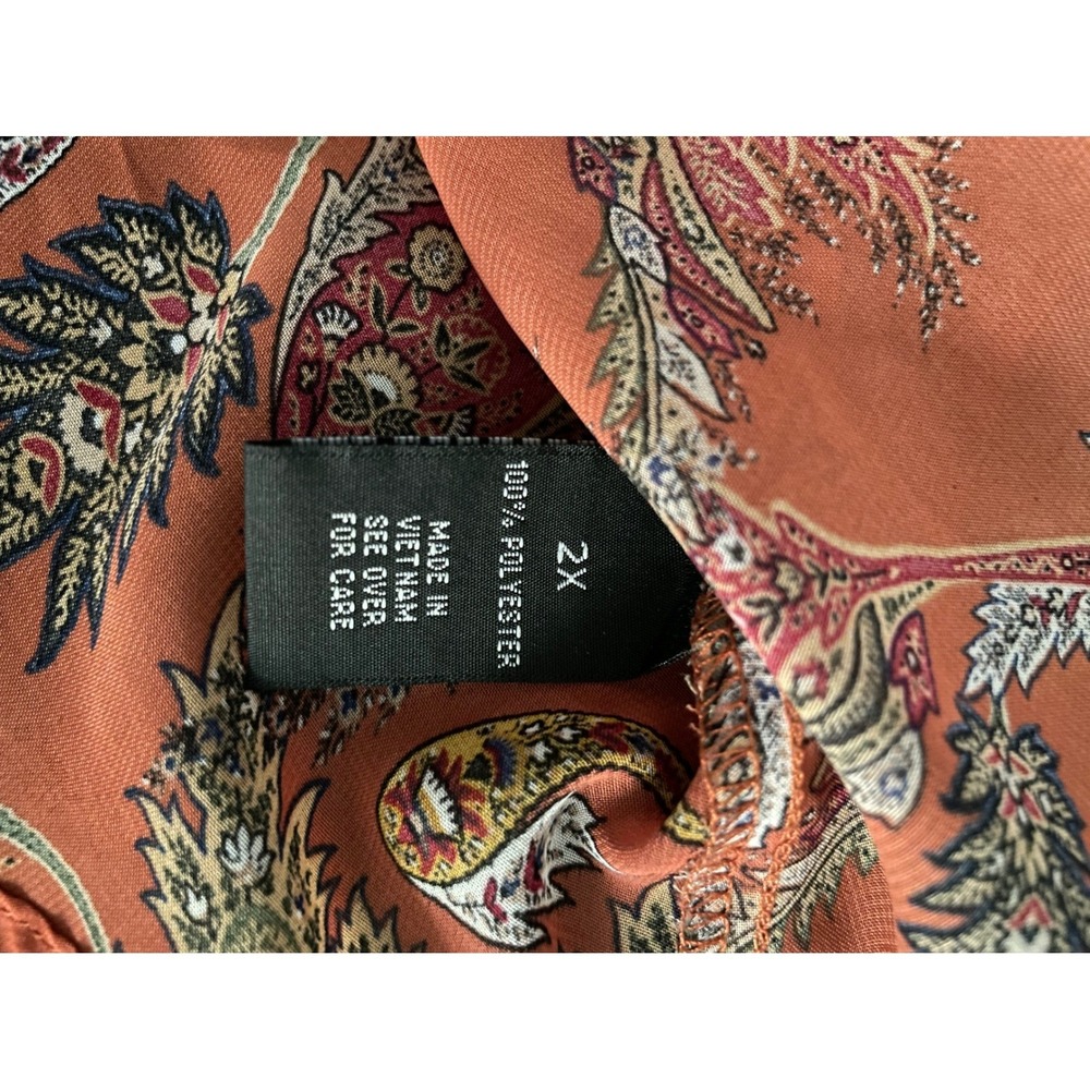 ALYX Womens 2X Blouse Orange Paisley Print Sheer Long Sleeve Tie Neck Top Fall - Picture 7 of 7